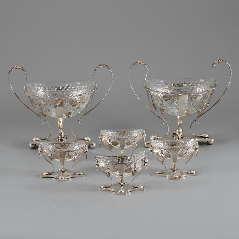 BORDSGARNITYR, 6 delar, silver och glas, Mogens Klarschow, Köpenhamn, 1821.