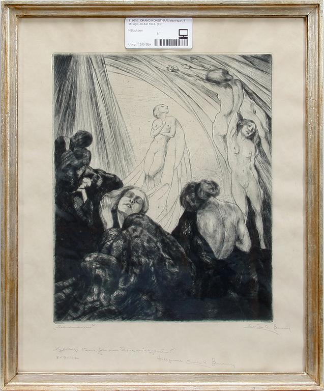 OKÄND KONSTNÄR, etsningar, 4 st, sign, en dat 1942.