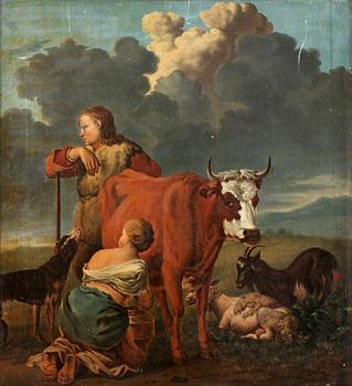 124. Karel Dujardin Hans efterföljd, Landskap med herdepar och boskap.