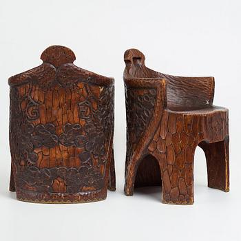 Gustaf Fjaestad, a pair of Art Nouveau carved pine chairs "stabbestolar", Arvika Sweden 1908-09.