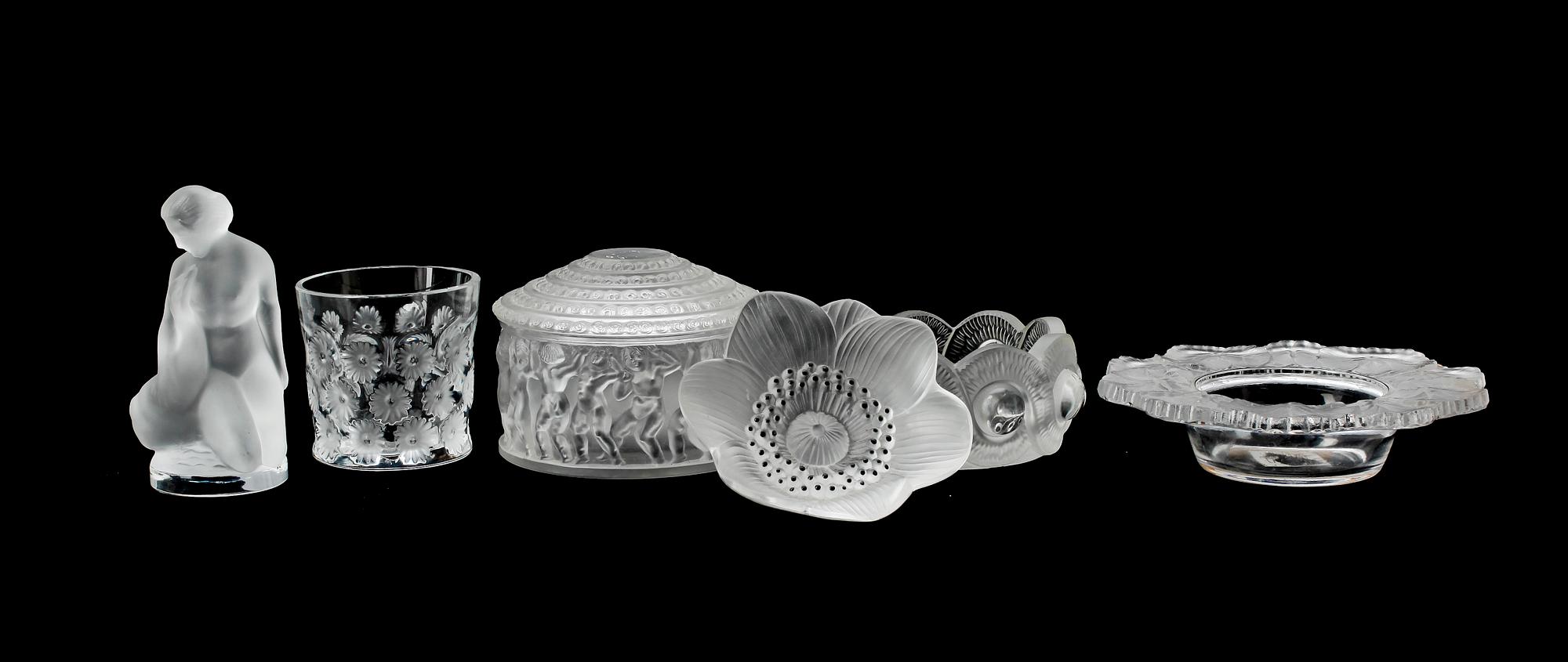 PARTI GLASFÖREMÅL, 6 delar, Lalique, Frankrike.