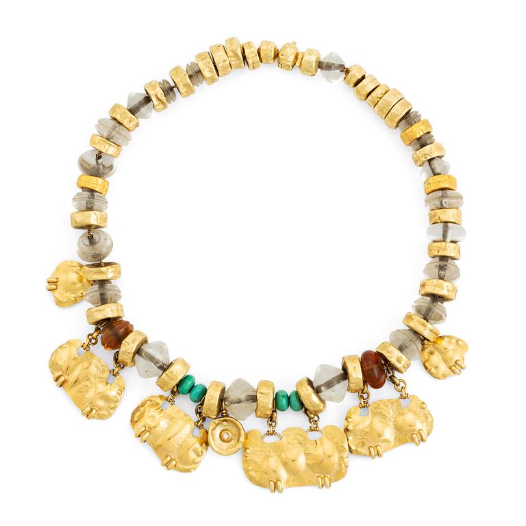 An 18K gold and Misani Milano necklace with quartz, turquoise and a round brilliant-cut diamond.