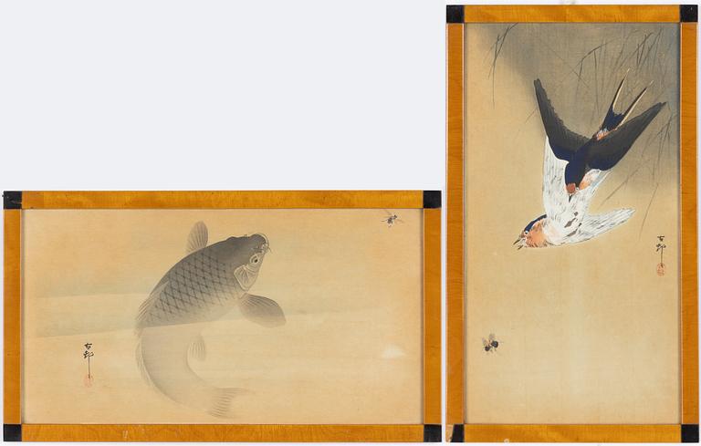 Ohara Koson, "Swallows and Wasp" and "Carp and Fly".