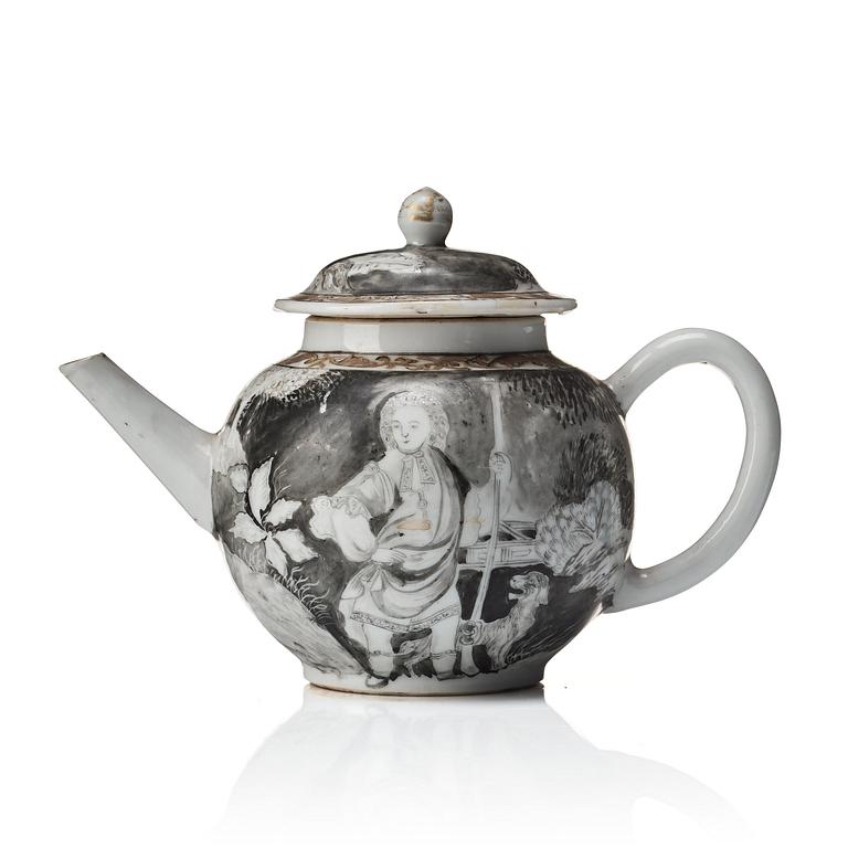 A grisaille and gold tea pot with cover, Qing dynasty, Qianlong (1736-95).