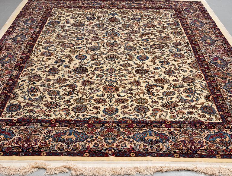 A carpet, Mashad, figural, part silk, ca 359 x 250 cm.