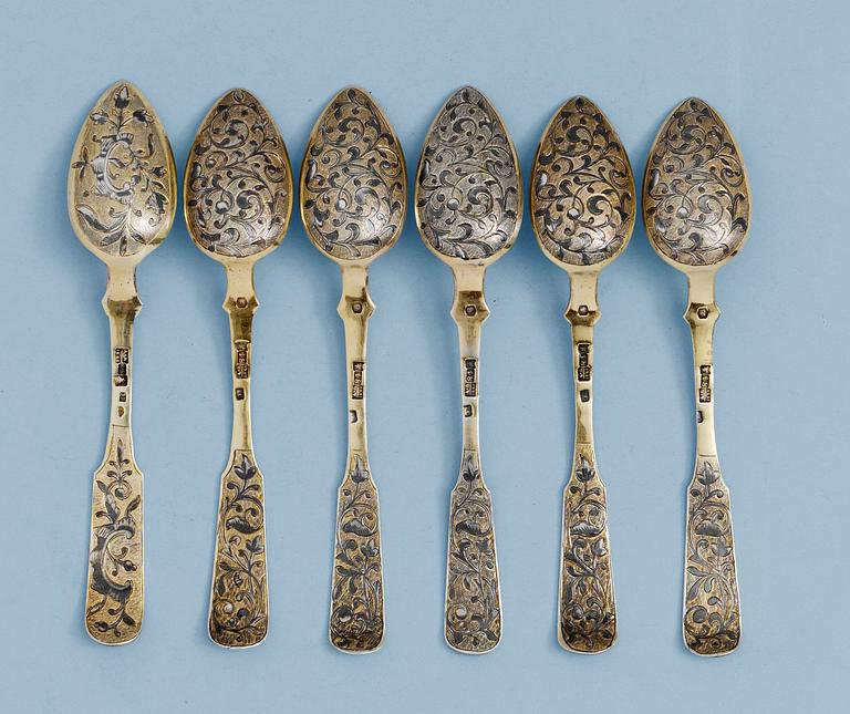 A SET OF SIX RUSSIAN SILVER-GILT TEA-SPOONS, unidentified makers mark, Moscow 1846.