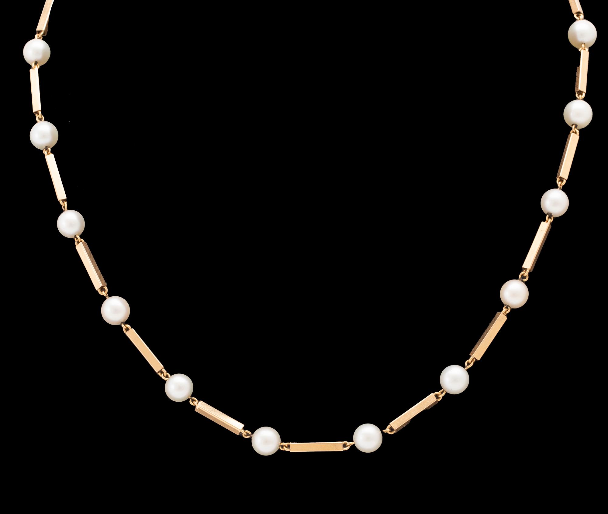 A set of 18K gold necklace and earrings with cultured pearls.