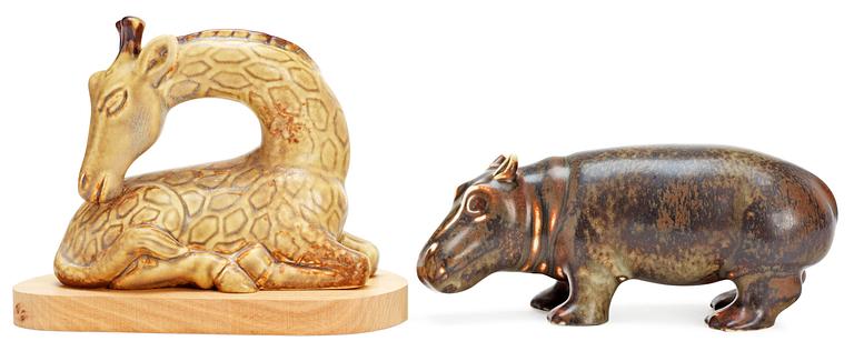 Two Gunnar Nylund stoneware figures of a hippo and a giraffe, Rörstrand.