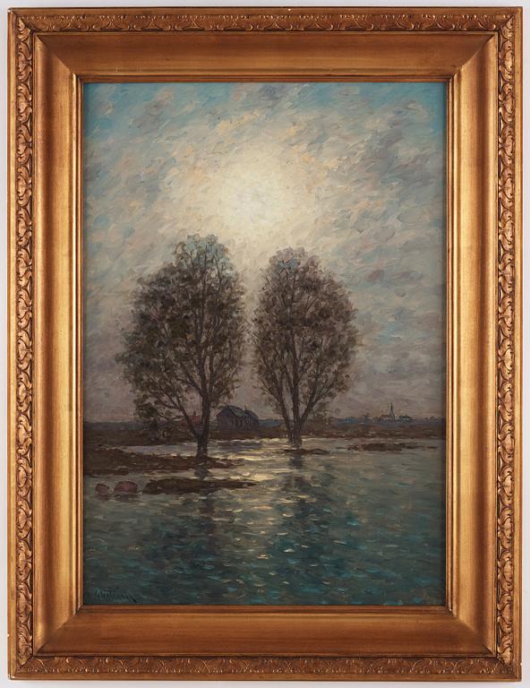 Per Ekström. Skymningslandskap med stugor.