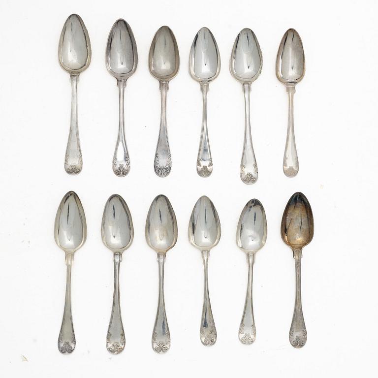 Tablespoons, 12 similar, silver, “French Lily”/“Old French”, 19th century, including Bror Erik Skogsborg, Eskilstuna, 1859.