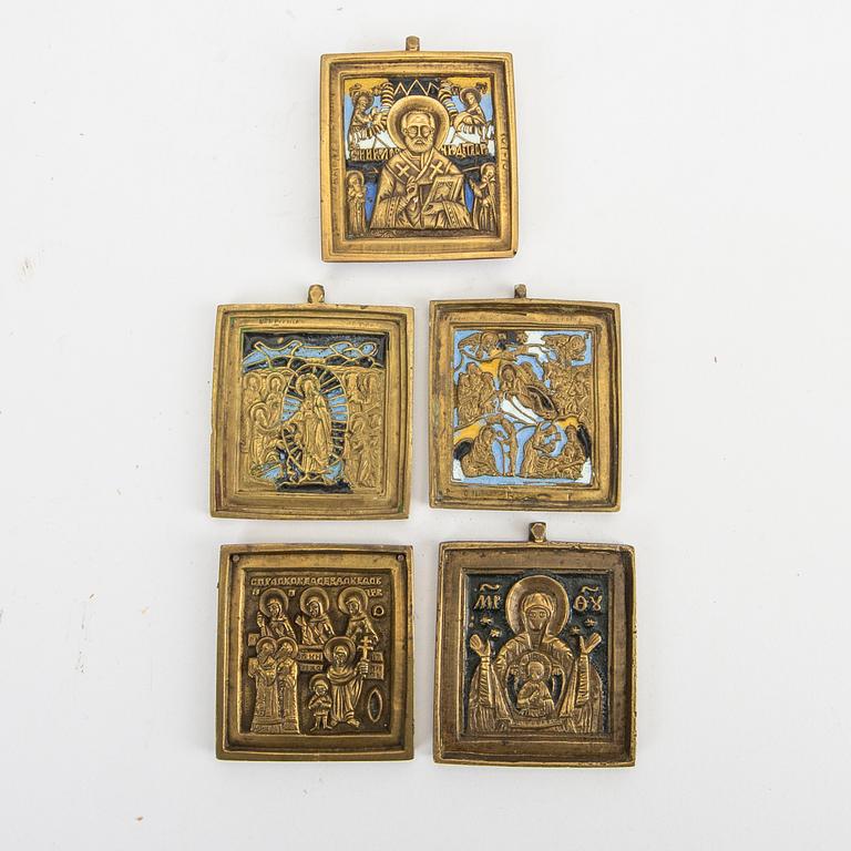 A set of five Russian brass and enamel Icons around 1900.