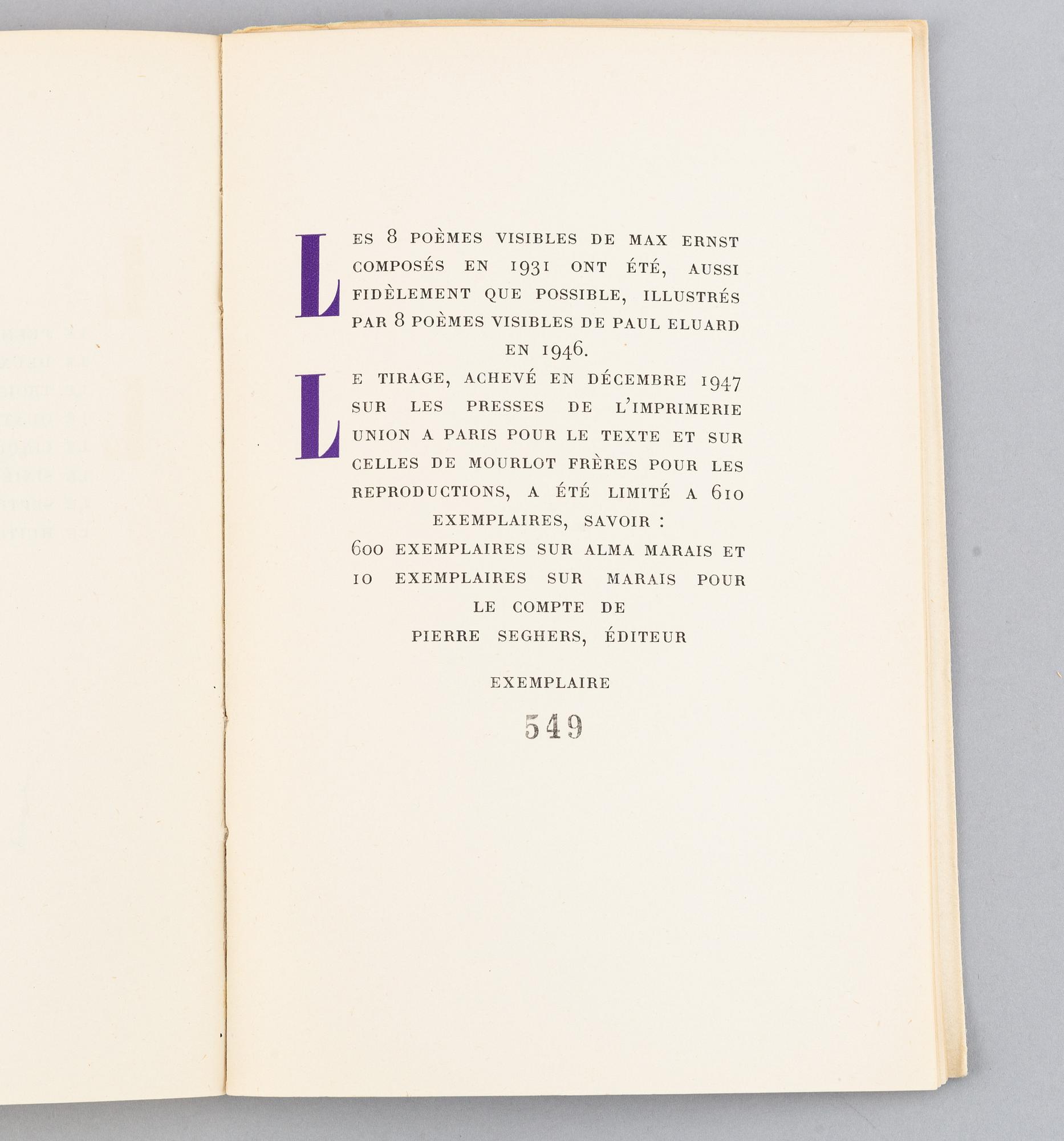 BOOK, Ernst, Max - Eluard, Paul - A l'interieur de la vue. 8 poemes visibles.