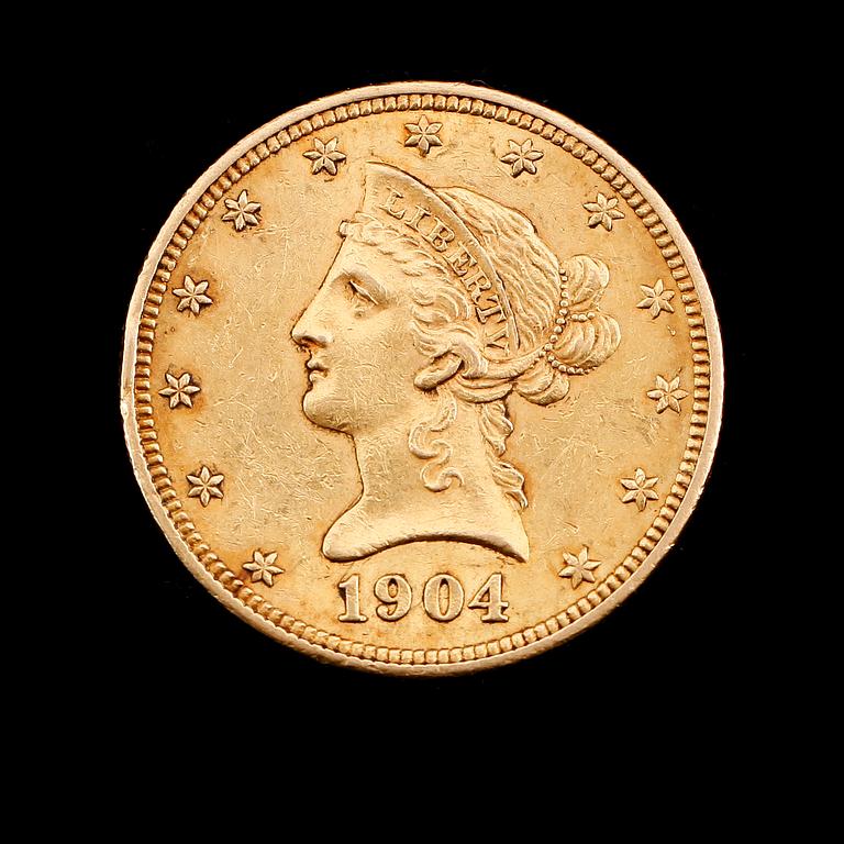 GULDMYNT, 10 dollar, USA, 1904. Vikt ca 17 gram.