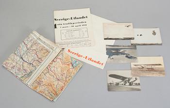 FLYGMEMORABILIA, 8 delar, vykort, flygkartor, tabellaffischer ABA, 1910-tal till 1930-40-tal.