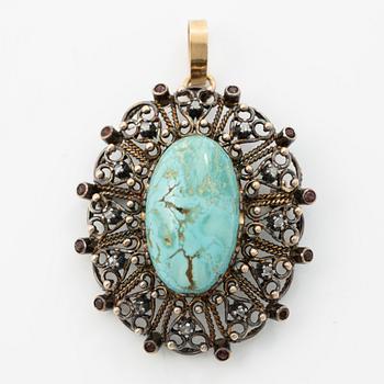 Brooch/pendant, 18K gold and silver with rose-cut diamonds, turquoise and garnets.