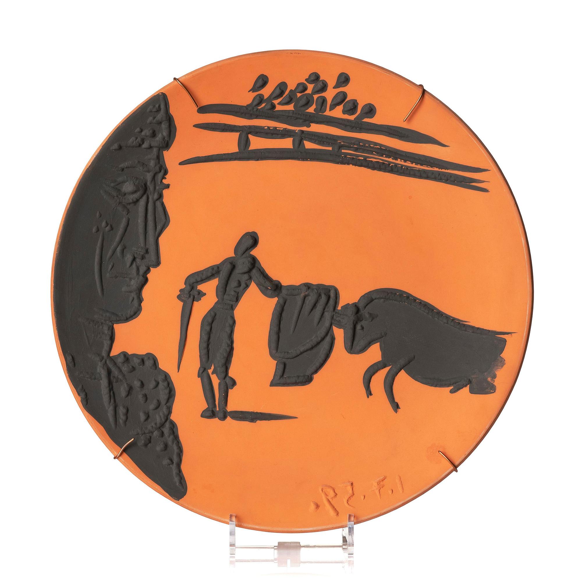 Pablo Picasso, a "Pase de muleta" (A.R. 428) faience dish, Madoura, Vallauris, France, post 1959.