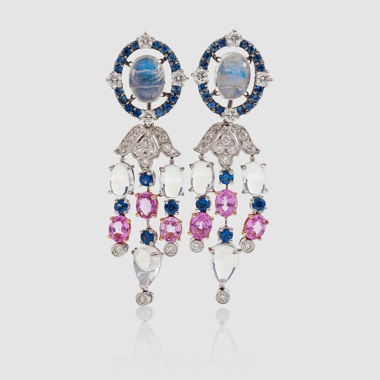 A pair of moonstone, pink and blue sapphire and diamond, circa 0.83 ct in total, earrings.
