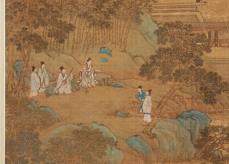 RULLMÅLNING med KALLIGRAFI, landskap med figurer. Troligen av kvinnlig konstnär (Yinhu från Tongjin), Qing (1644-1912).