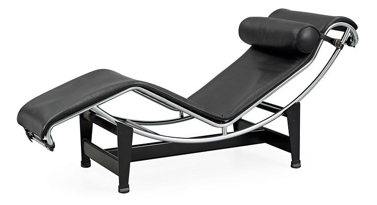 A Le Corbusier 'LC 4' black leather and chromed steel reclining chair, Cassina, Italy.