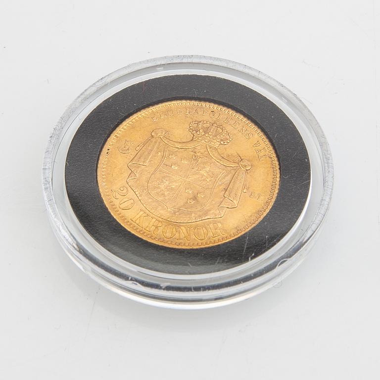 Guldmynt Sverige, Oscar II 20 kr, 1874.
