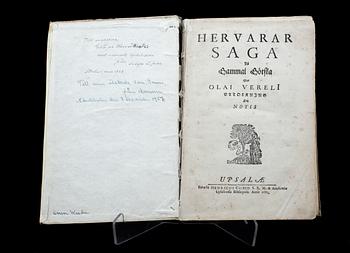 BÖCKER, 2 sambundna, bla "Hervarar Saga på gammal götska", red av Olof Verelius, Uppsala 1672.