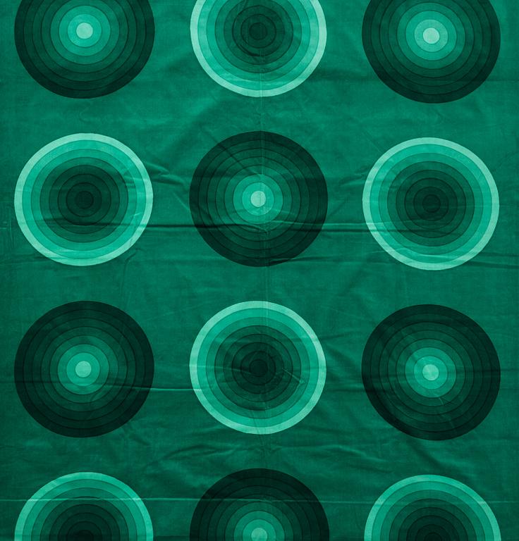 Verner Panton, CURTAINS, 3 PIECES, AND SAMPLERS, 10 PIECES.  Cotton velor. A variety of green nuances and patterns. Verner Panton.