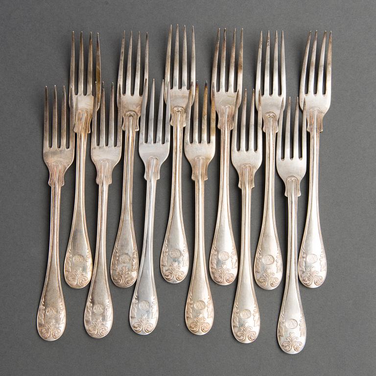 A SET OF 24 AND 12 SWEDISH SILVER FORKS, different makers marks.