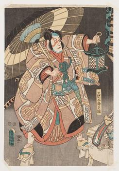 882. Utagawa Kunisada Kochoro Toyokuni III, Man med lykta och parasoll.