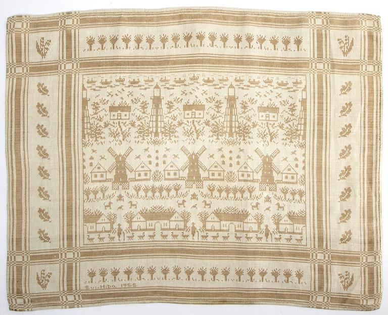 Tabletter/dukar två st varav en Systrarna Svensson Hagestad damast 1900-talets mitt ca 46x34 cm och 54x37 cm.