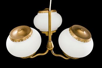 BEN KARLBY FOR LYFA, a brass and white glass ceiling lamp, second half of 20th century.