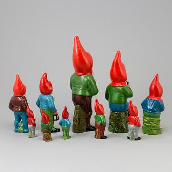 A collection of ten painted ceramic gnomes, partly from DDR, former East Germany, mid 20th century.