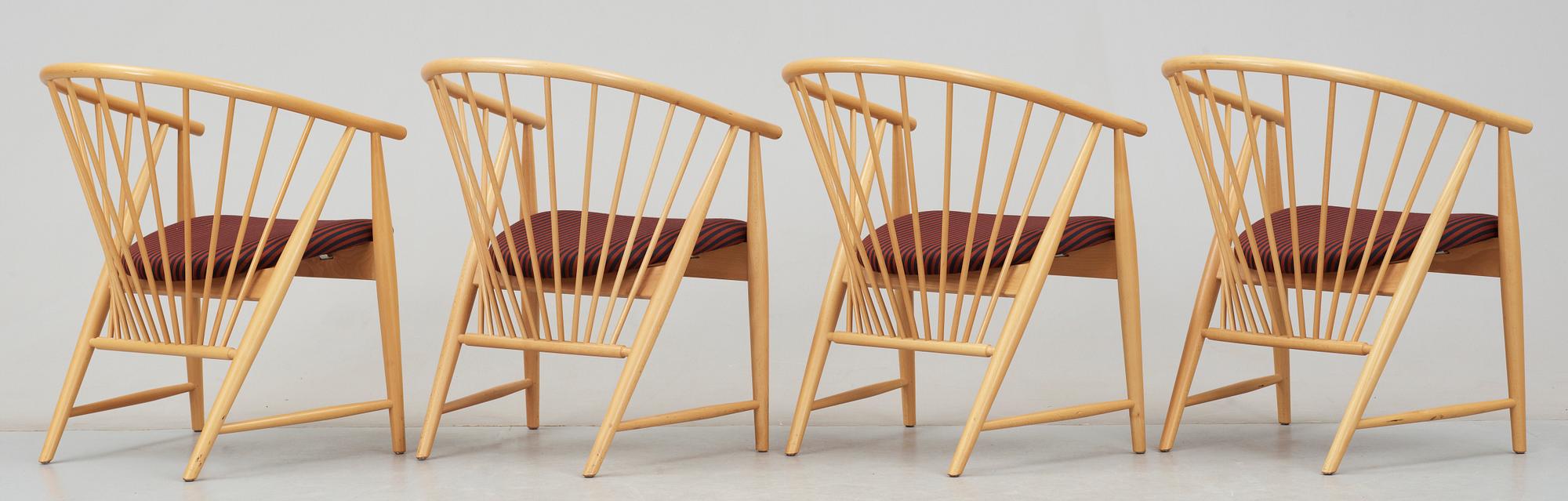 KARMSTOLAR, 4 st, "Solfjädern", Sonna Rosén, Gemla Möbelfabrik, formgiven 1948.