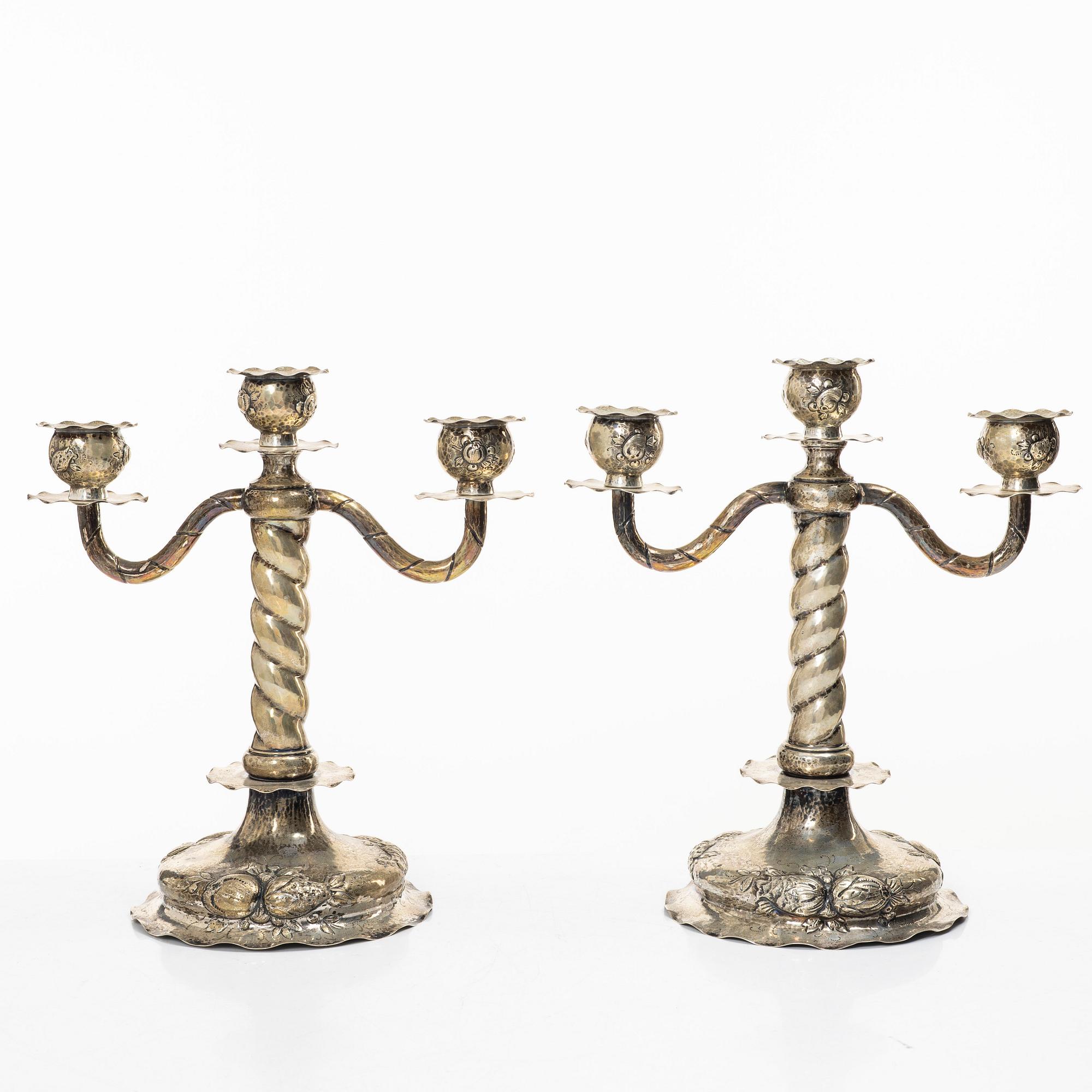 C.G. Hallberg, Kandelabrar, ett par, silver, barockstil, Stockholm 1926.
