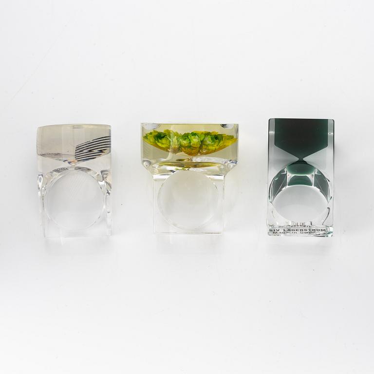 Siv Lagerström, three rings, acrylic plastic. Engraved works from the 1970s.