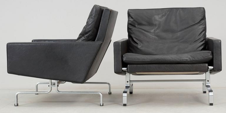 A pair of Poul Kjaerholm 'PK-31' black leather and steel armchairs, E Kold Christensen, Denmark.