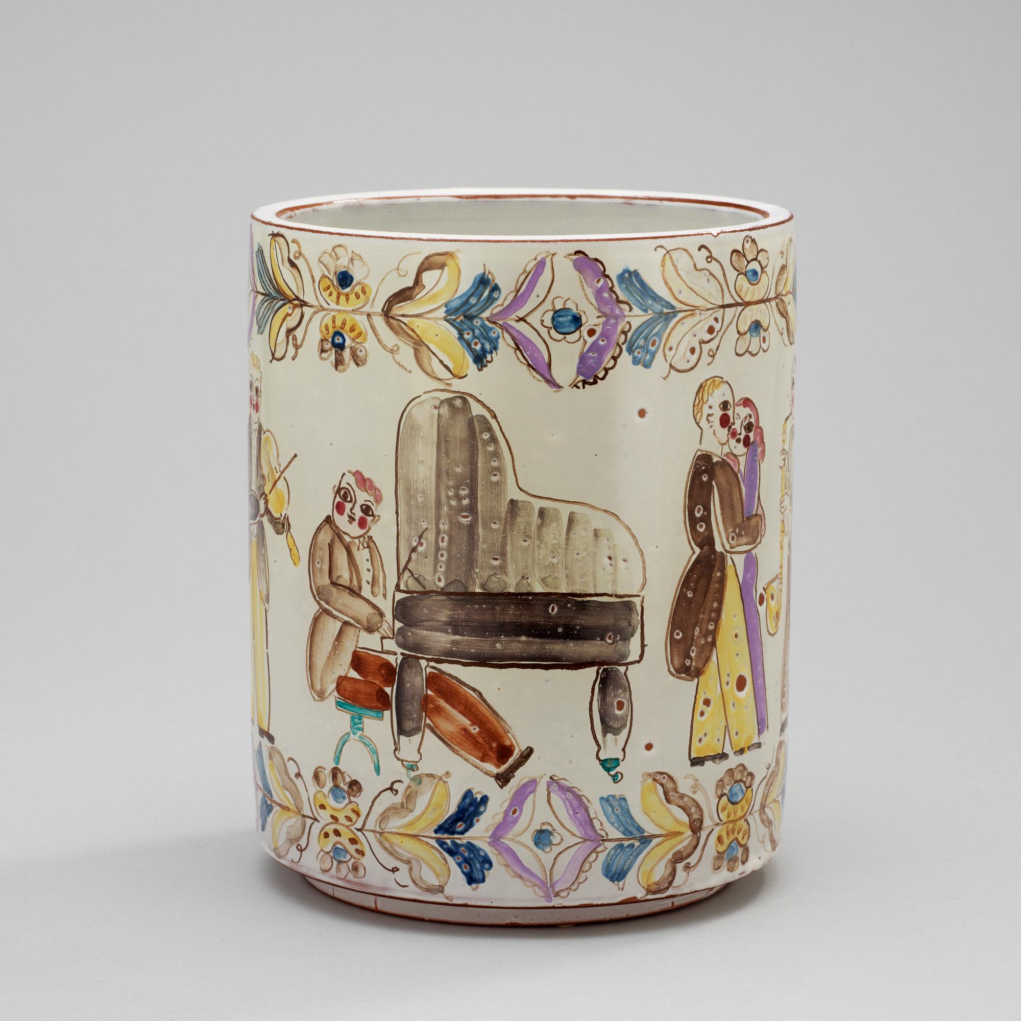 A Stig Lindberg and Wilhelm Kåge faience pot, Gustavsberg 1937.