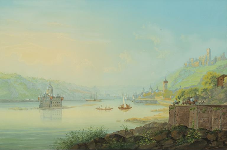 Louis Bleuler, Louis, Lake landscape with a castle, towns, and figures.