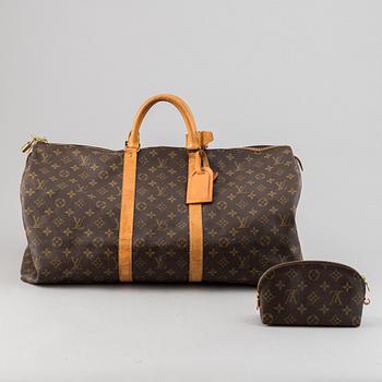 Louis Vuitton, a monogram canvas 'Keepall 55' weekend bag and toilet bag.