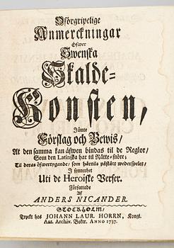 BOK, "Oförgripelige Anmerckningar öfwer Swenska Skladekonsten" av Anders nicander, Stockholm 1737.