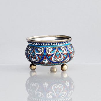 A Russian cloisonné enamel, silver salt cellar, mark of Nikolai Aleksejev, Moscow 1893.