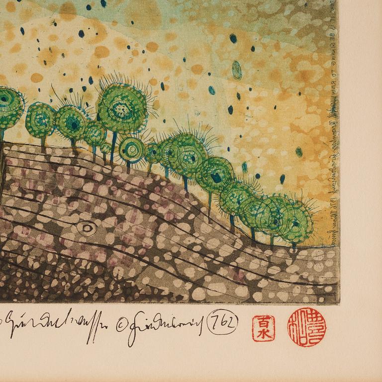 Friedensreich Hundertwasser, "Hide under the meadow it begins to rain".