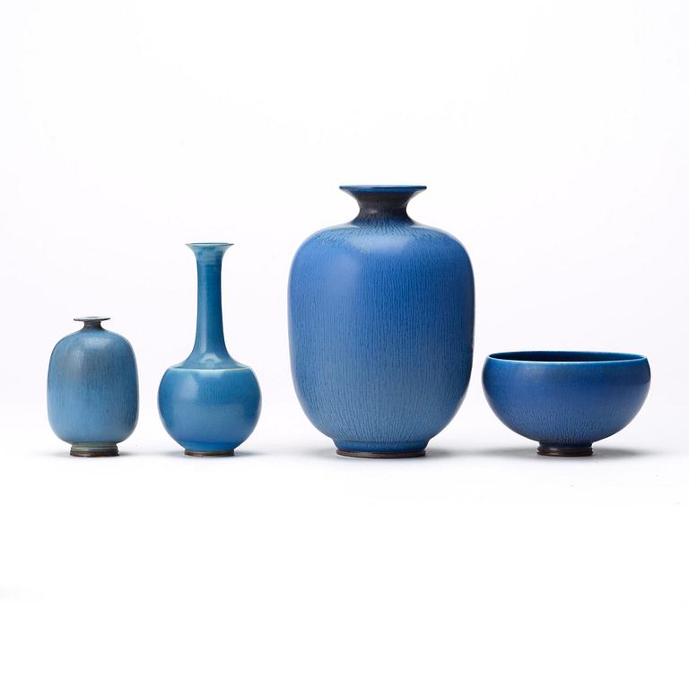 Berndt Friberg, a set of three stoneware vases and a bowl, Gustavsberg studio 1976.