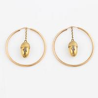 Earrings, creoles, hoops in 18K gold, with accompanying pendants in the form of acorns with enamel depicting a mythological sea creature.