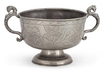 704. A Swedish 18th/19th century pewter bowl on foot.