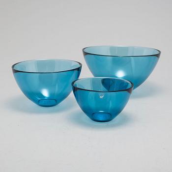 Three 'Fuga' glass bowls by Sven Palmqvist for Orrefors, dated 1998.