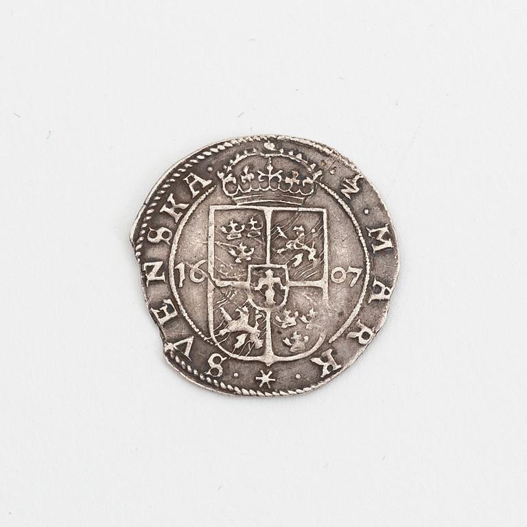 A Swedish silver coin, Charles IX, 1/2 mark, 1607.
