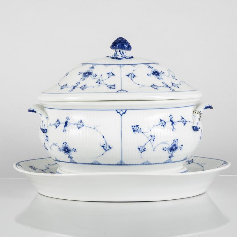 A 'Blue Fluted Plain' porcelain tureen with cover and stand, Royal Copenhagen, model 215, 19th century.