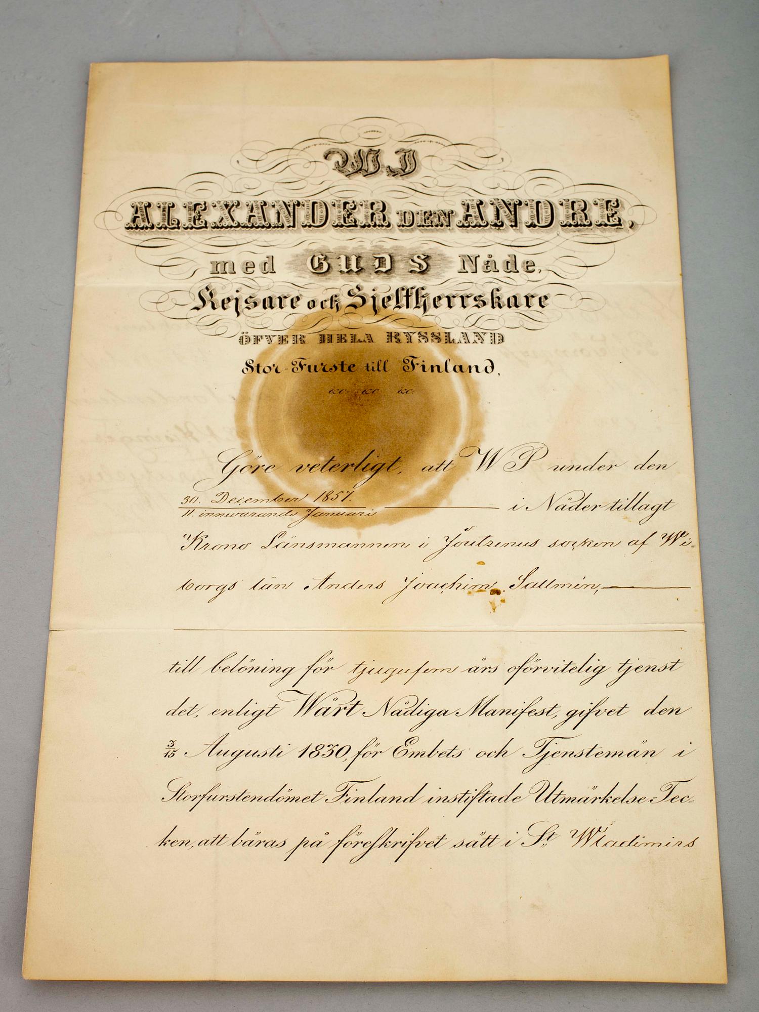ÄMBETSMANNAVÄRJA SAMT KEJSERLIGT ÖPPET BREV, Ryssland resp. Storfurstendömet Finland, 1800-talets andra hälft.
