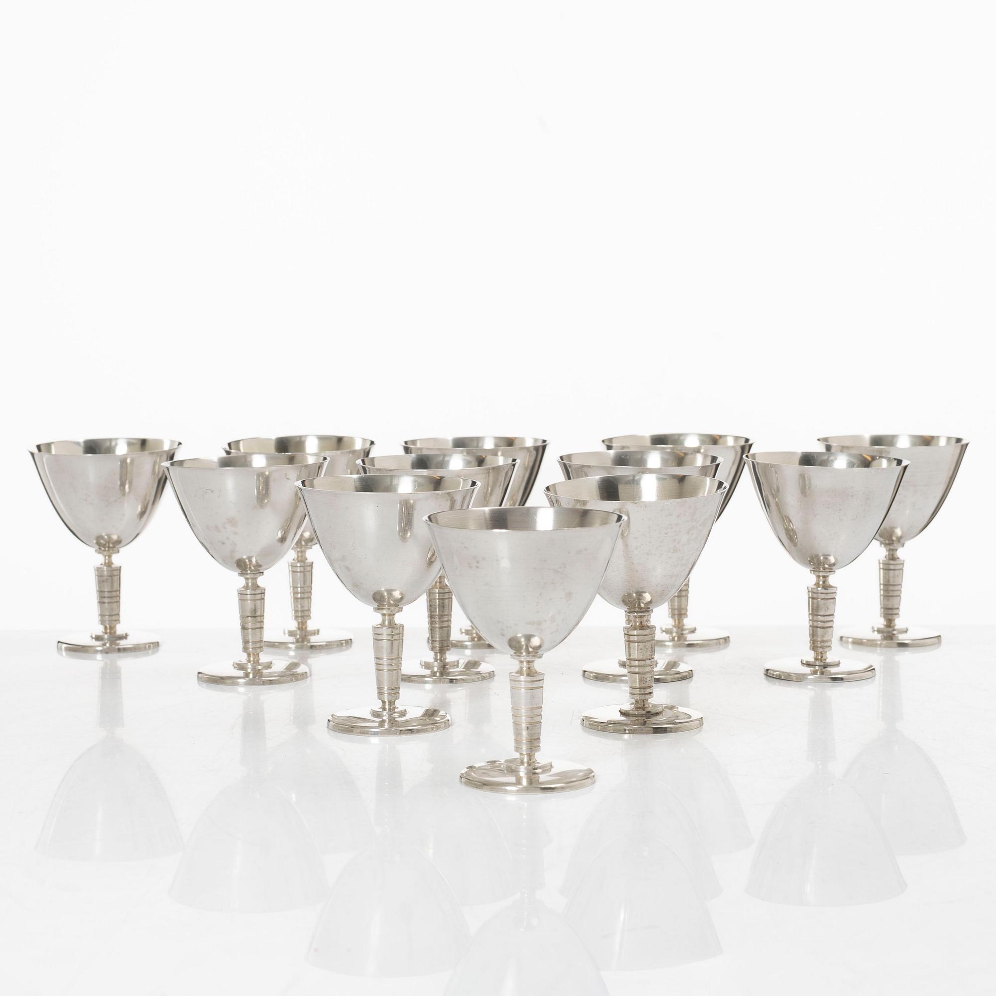 Guldsmedsaktiebolaget (GAB), a set of twelve silver plated cocktail glasses, mid-20th Century.