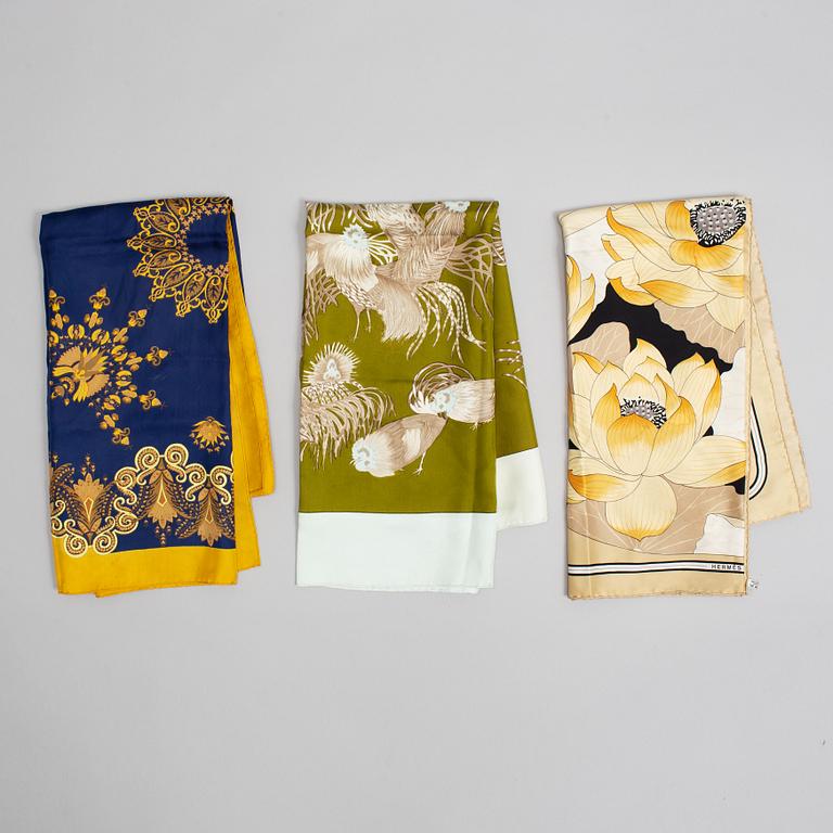 Hermès, 3 silk scarves 'Fleurs De Lotus', 'Jeune Coqs" & 'Fantasie'.